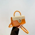 Orange leather and beige woven shoulder bag with twisted handle and golden petal lock - Orange