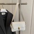 Minimalist white shoulder bag with golden cylindrical metal clasp and wide strap - White