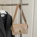 Minimalist beige PU leather shoulder bag with gold oval clasp and wide strap - Khaki
