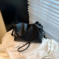 Fashionable black pleated soft PU bucket bag with drawstring closure and shoulder strap - No Pendant / Black