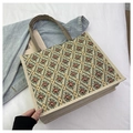 Detail of colorful woven rose pattern on a vintage linen tote bag with brown handles - Style 6