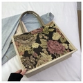 Detail of floral tapestry linen tote bag with vintage rose patterns and woven handles - Style 5