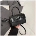 Glossy black patent leather mini crossbody bag with silver buckle and top handle - Black