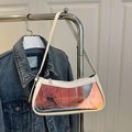 White faux leather underarm bag with laser holographic PVC panels and gold zipper detail - White