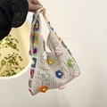 Cream crochet straw bucket bag with colorful 3D handmade flowers and sunflower handle - Off White