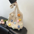 Handmade crochet beige hollow crossbody bag featuring colorful floral knit patterns - 3D Flower Style-Beige