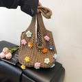 Handmade dark brown crochet tote bag with colorful 3D knitted flowers for spring vacations - 3D Flower Style-Khaki