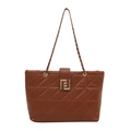 Brown quilted tote bag with chain strap and gold geometric lock on white background - Brown