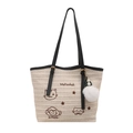Straw tote bag with cat embroidery, black leather handles and white pompom charm - Black with Pendant