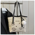 Stro geweven tote tas in crème en zwart met kattenborduurwerk en pluche hanger - Zwart Met Hanger