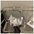 Metallic silver ruched underarm bag with lace pearl charm and thin chain strap - Silver (With Pearl Bow Pendant)