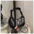 Glossy black pleated underarm bag in shiny patent leather with chain strap and logo - Black