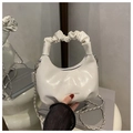 Glossy white pleated hobo bag with a silver chain strap and a ruched top handle - White