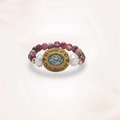 Detailed view of beaded flower ring with freshwater pearls and blue gemstone centerpiece - Tourmaline Colorful Gemstone (J0400)