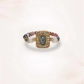 Macro shot of vintage gold ring with blue gemstone and colorful beaded band - Tourmaline Gemstone (J0397)