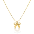 Elegant gold stainless steel necklace with a bow pendant and beaded chain detail - Bowknot Necklace (T0280) / Gold