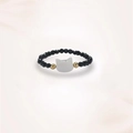 Cat themed black faceted bead ring with white moonstone opal feline head and gold accents - White Cat Style