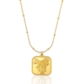 Golden square necklace with embossed rose pendant on white background with reflection - Gold Rose Flower Style