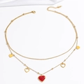 Collana a doppio strato in acciaio inossidabile dorato con cuori e zircone rosso - Collana a Doppio Strato con Cuore d'Oro