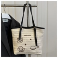 Strooi tote tas met geborduurde katten en zwarte leren riemen in beige afwerking - Zwart zonder Hanger