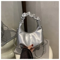 Silver metallic dumpling bag with ruched handle and chain strap for women - Silver