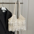 Sac fourre-tout chic en dentelle beige avec volants étagés et grand nœud décoratif - Avec Pendentif / Blanc