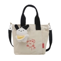 Minimalist canvas tote bag in off-white with black handles and red cartoon bear print - Black (With Pendant)