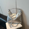 Silver metallic leather shoulder bag with embossed letters and trapezoid design - No Pendant / Silver