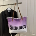 Μωβ ντεγκραντέ πάνινη τσάντα tote με κέντημα Summer και λεπτομέρειες με κρόσσια - Μωβ
