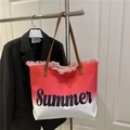 Pink gradient canvas tote bag with Summer lettering and brown leather handles - Red