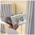 Detailansicht einer mini silbernen Metallic-Tasche mit schicker Metallschleife und Kette - Silber