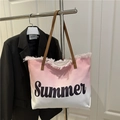 Grand sac cabas en toile dégradé rose et blanc avec imprimé Summer et franges - Rose Clair