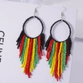 Bohemian style beaded tassel hoop earrings with colorful handmade reggae inspired beads - Black Multi-color