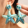 Sparkling oversized starfish drop earrings with turquoise beads and pearls for women - Aquamarine