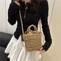 Handmade woven straw bucket bag with drawstring liner for summer beach vacation - Khaki