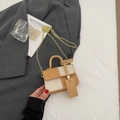Brown and beige woven check mini flap bag with gold chain and leather top handle - White/Khaki Small
