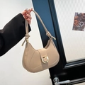 Borsa a baguette beige minimalista in pelle PU con fibbia a D dorata e tracolla - Cachi