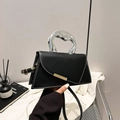 Black leather small square bag with modern silver metal handle and contrast white stitching - Black
