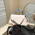 Minimalist beige small square handbag with liquid metal handle and silver hardware - White