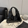 Minimalist black patent leather underarm bag with knot handle and chain strap - Black