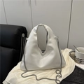 White faux leather hobo underarm bag with minimalist geometry and metallic chain strap - White
