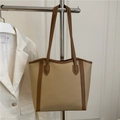 Bolso tote bicolor en beige y marrón de cuero sintético con correas largas - Caqui