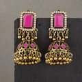 Vintage Middle Eastern style Jhumka earrings with pink enamel and gold bell pendants - Bronze Rose Red