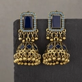 Ethnic vintage Jhumka earrings with blue enamel and gold beads on a stone pedestal - Antique Bronze Navy Blue