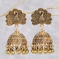 Vintage gold peacock Jhumka earrings with bell-shaped tassels and ethnic floral patterns - Gold (042518)