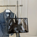 Minimalist transparent black PVC tote bag featuring white braided cotton rope handles - Black