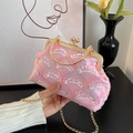 Elegant pink lace handbag with wave-patterned white sequins and vintage gold handle - Pink