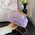 Elegante borsa da sera lilla con paillettes, manico dorato vintage e tracolla fine - Viola