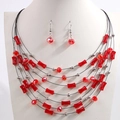 Bohemian multi-layer necklace and earring set with red resin beads and black threads - Red