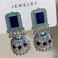 Ethnic bohemian silver drop earrings with blue enamel square studs and jhumka bells - Antique Silver Navy Blue